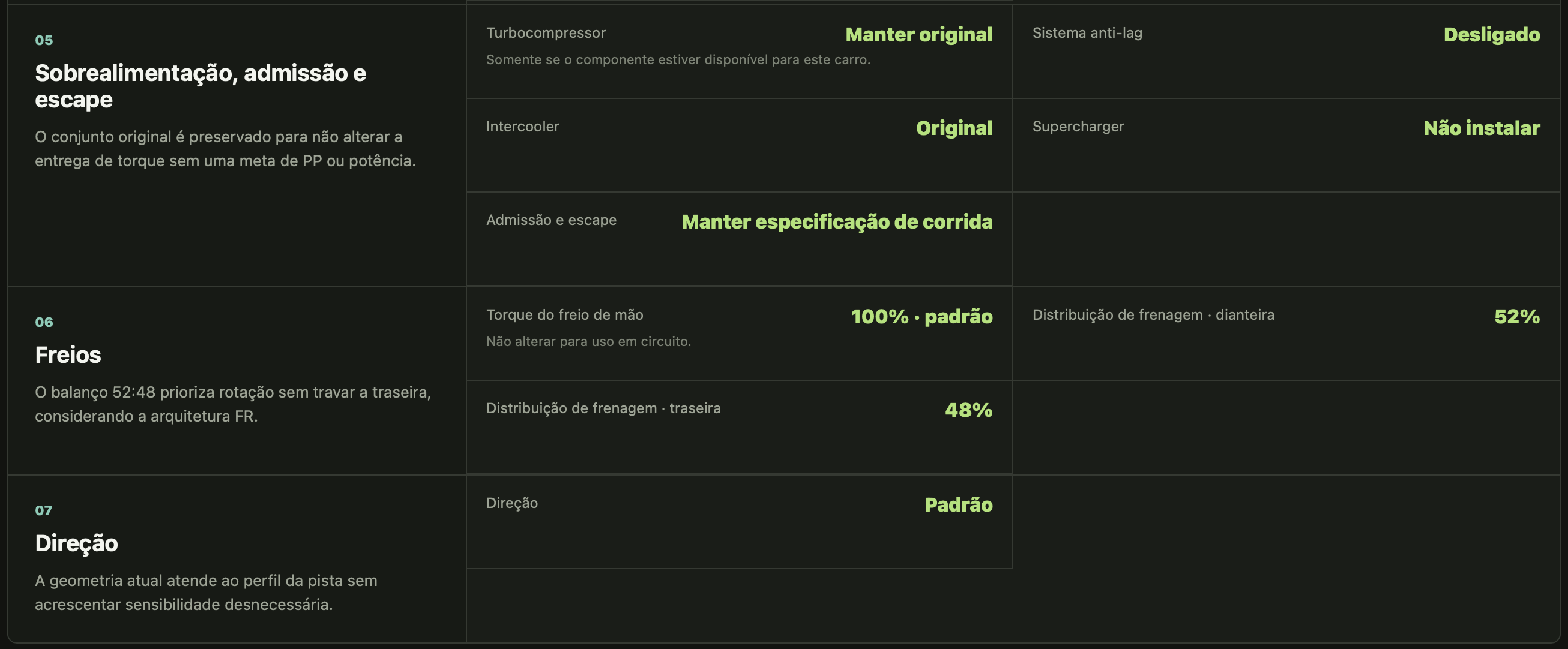 Setup recomendado de motor, freios e direção